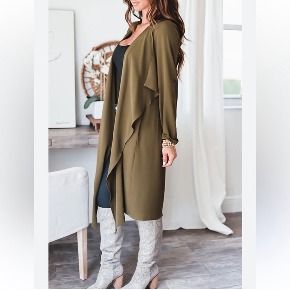 SYMPLI open front long cardigan duster Olive Green Drape Cardigan jacket size 2 - Picture 6 of 12